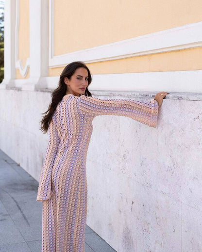 Pastel Scallop Crochet V-Neck Maxi Dress