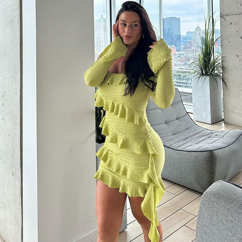 Off-Shoulder Ruffle Mini Dress with Long Sleeves