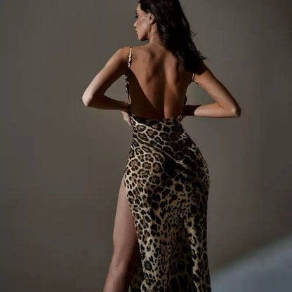 Zebra Print Satin Side Slit Midi Dress