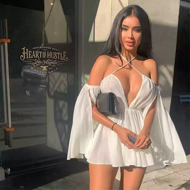 White Plunge Cross Halter Flare Sleeve Mini Dress