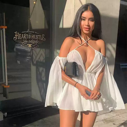 White Plunge Cross Halter Flare Sleeve Mini Dress
