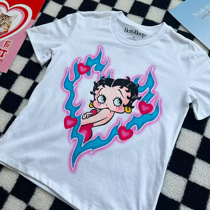 Betty Boop Heart Flame Airbrush Graphic White Tee