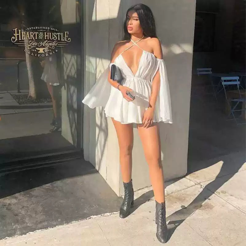 White Plunge Cross Halter Flare Sleeve Mini Dress