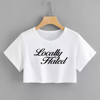 Locally Hated Script Graphic White Crop Top Tee