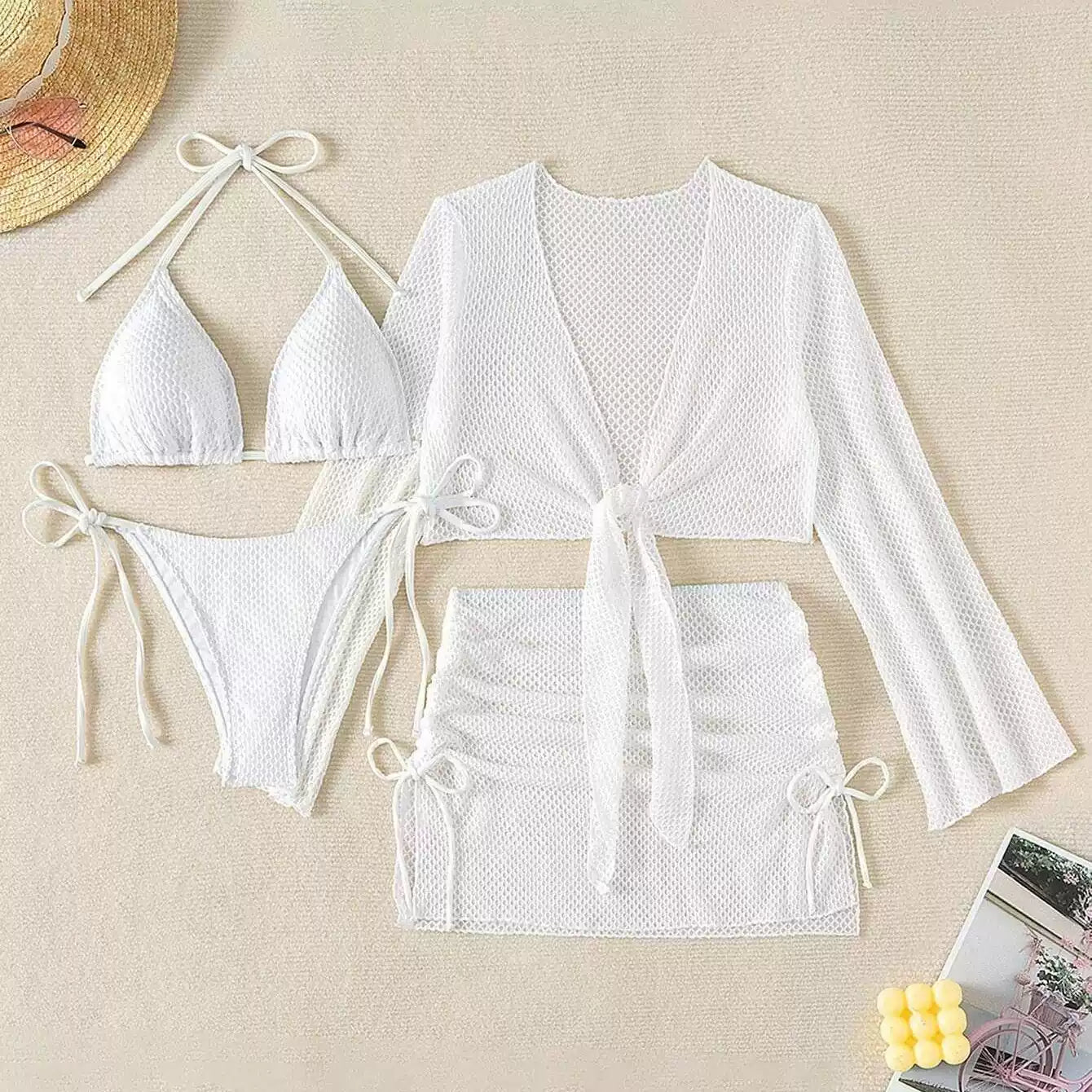 White Mesh Tie-Front Top and Mini Skirt Cover-Up