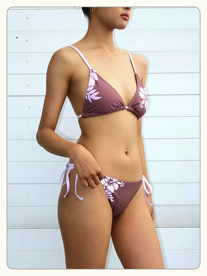 Mauve Hibiscus Floral Print Side Tie Bikini Set