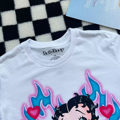 Betty Boop Heart Flame Airbrush Graphic White Tee