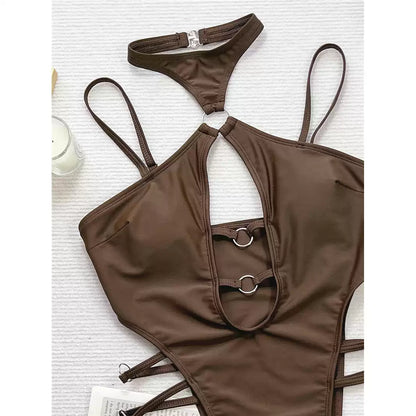 Brown Ring Detail Cut-Out High-Leg One-Piece Swimsuit