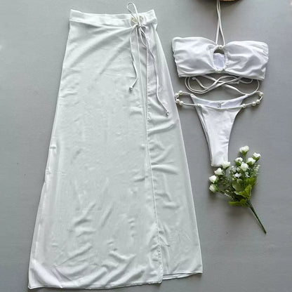 White Pearl Halter Bikini & High Slit Maxi Skirt Set