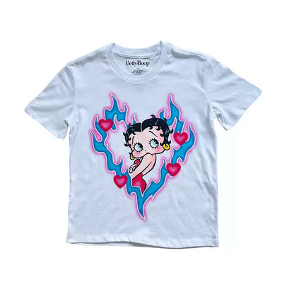 Betty Boop Heart Flame Airbrush Graphic White Tee