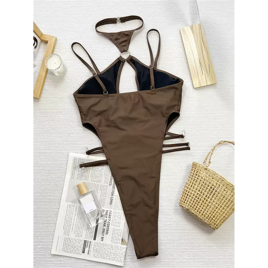Brown Ring Detail Cut-Out High-Leg One-Piece Swimsuit