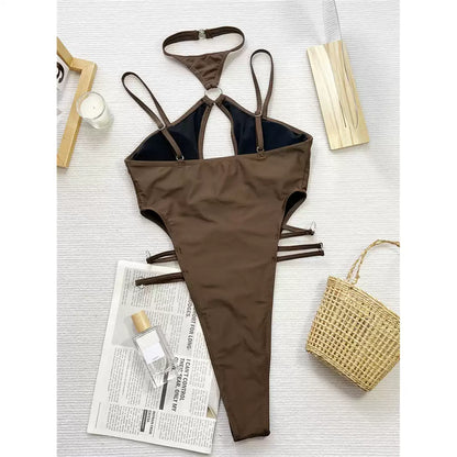 Brown Ring Detail Cut-Out High-Leg One-Piece Swimsuit