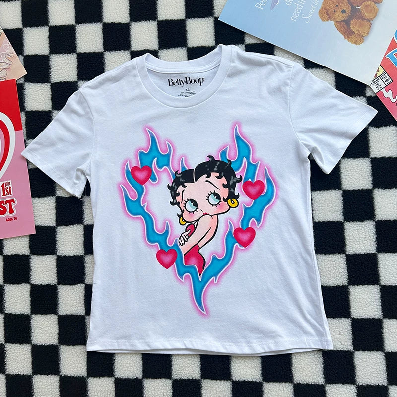 Betty Boop Heart Flame Airbrush Graphic White Tee