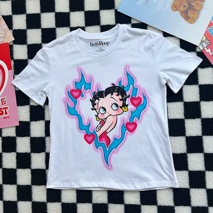 Betty Boop Heart Flame Airbrush Graphic White Tee