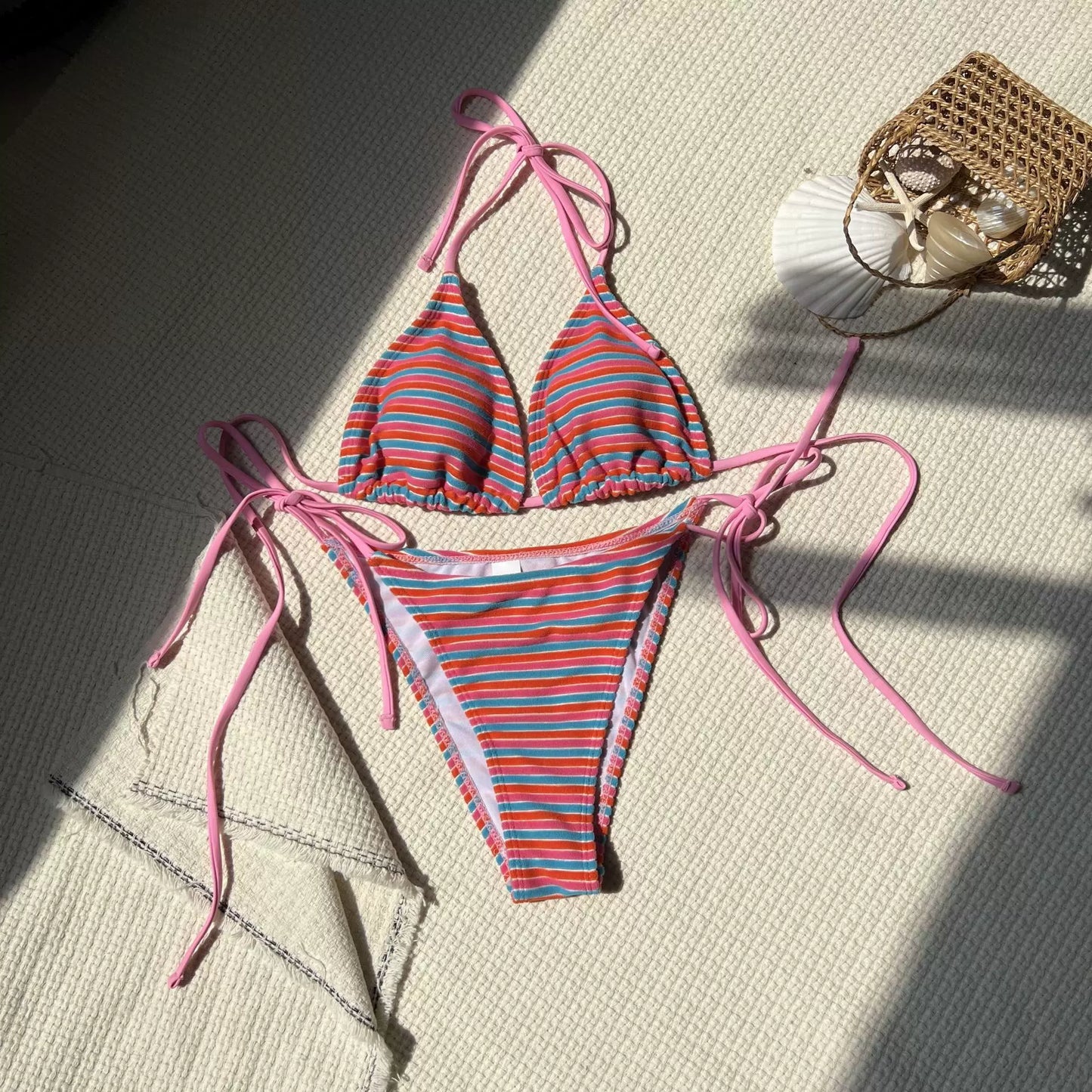 Colorful Striped Tie-Side Triangle Bikini Set