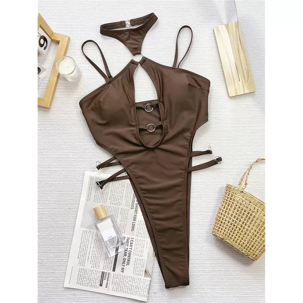 Brown Ring Detail Cut-Out High-Leg One-Piece Swimsuit
