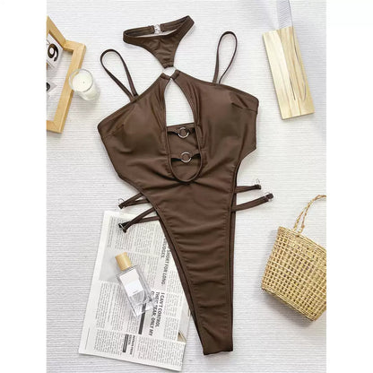 Brown Ring Detail Cut-Out High-Leg One-Piece Swimsuit