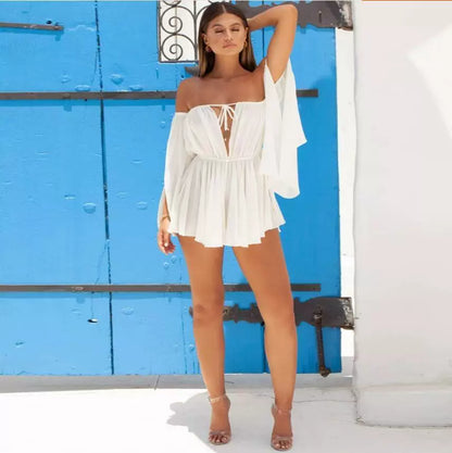 White Plunge Cross Halter Flare Sleeve Mini Dress