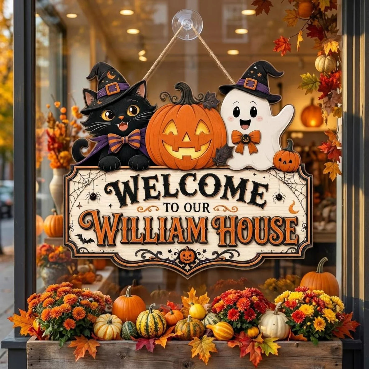 Personalized Cute Cat Ghost Halloween Welcome Wooden Door Hanger Sign