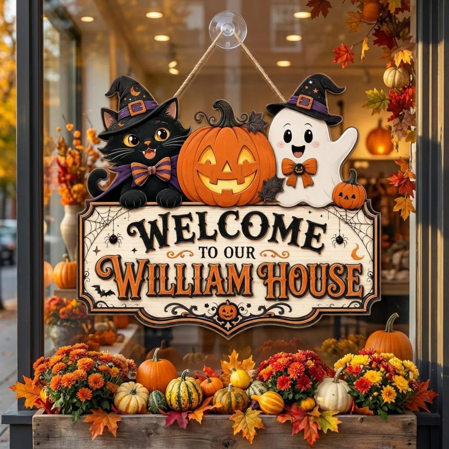 Personalized Cute Cat Ghost Halloween Welcome Wooden Door Hanger Sign