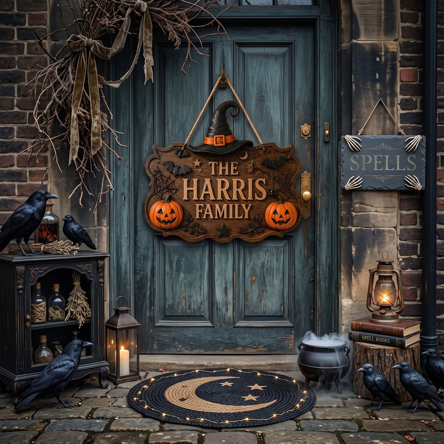 Personalized Witch Hat Pumpkin Halloween Family Name Sign