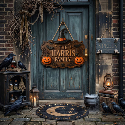 Personalized Witch Hat Pumpkin Halloween Family Name Sign
