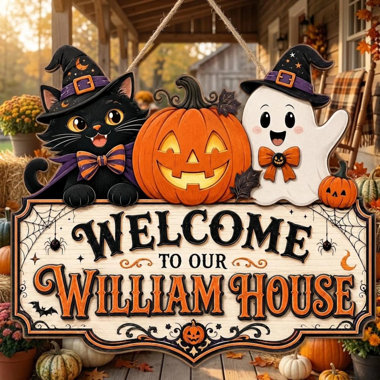 Personalized Cute Cat Ghost Halloween Welcome Wooden Door Hanger Sign