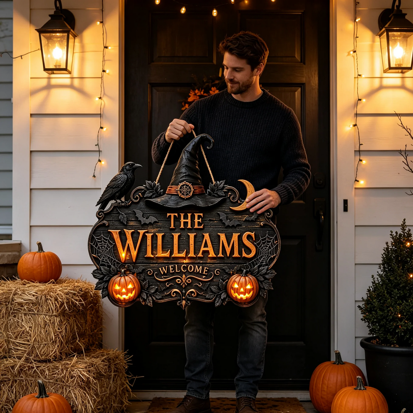 Custom Family Name Gothic Halloween Wooden Door Hanger Welcome Sign