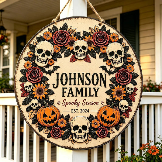 Personalized Halloween Metal Sign Skull Pumpkin Fall Wreath Sign