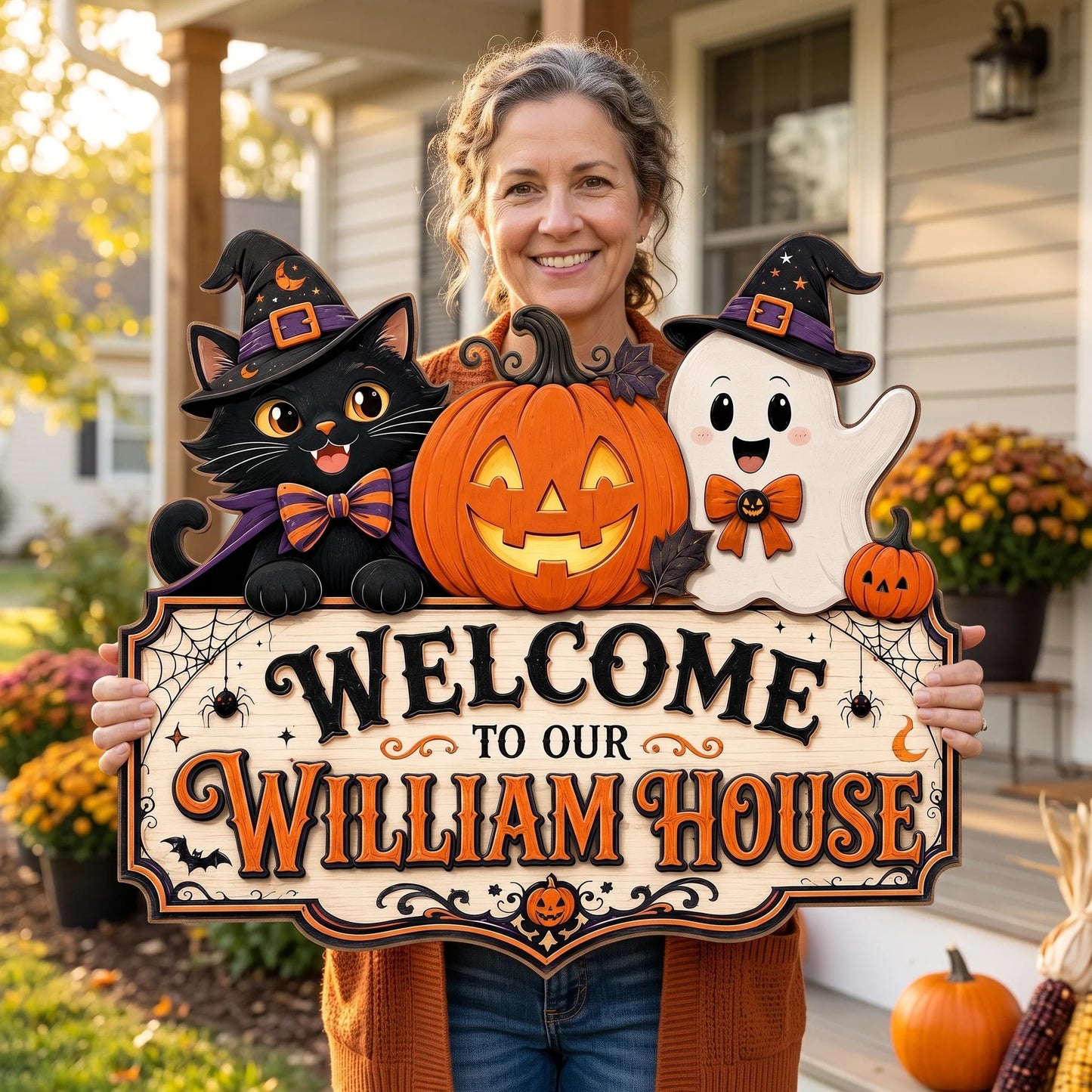 Personalized Cute Cat Ghost Halloween Welcome Wooden Door Hanger Sign