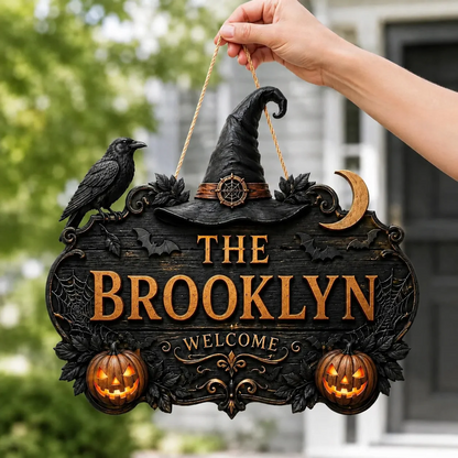 Custom Family Name Gothic Halloween Wooden Door Hanger Welcome Sign