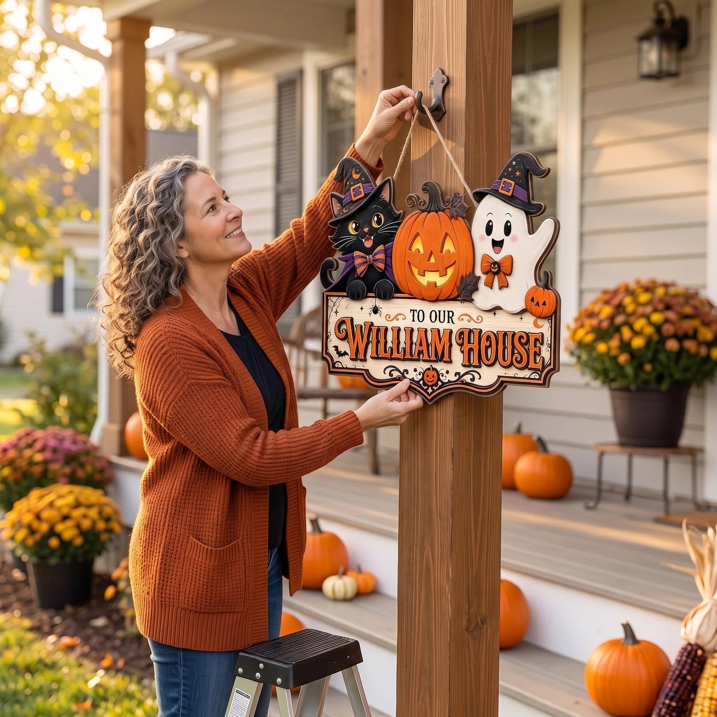 Personalized Cute Cat Ghost Halloween Welcome Wooden Door Hanger Sign