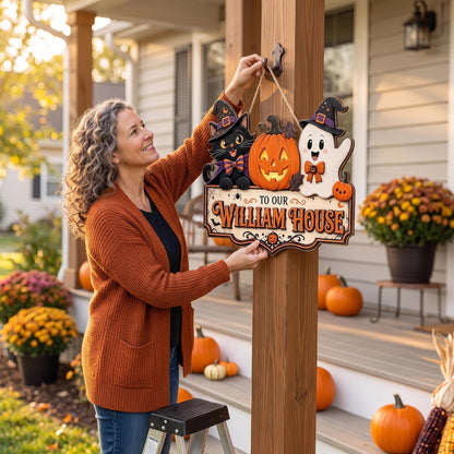 Personalized Cute Cat Ghost Halloween Welcome Wooden Door Hanger Sign