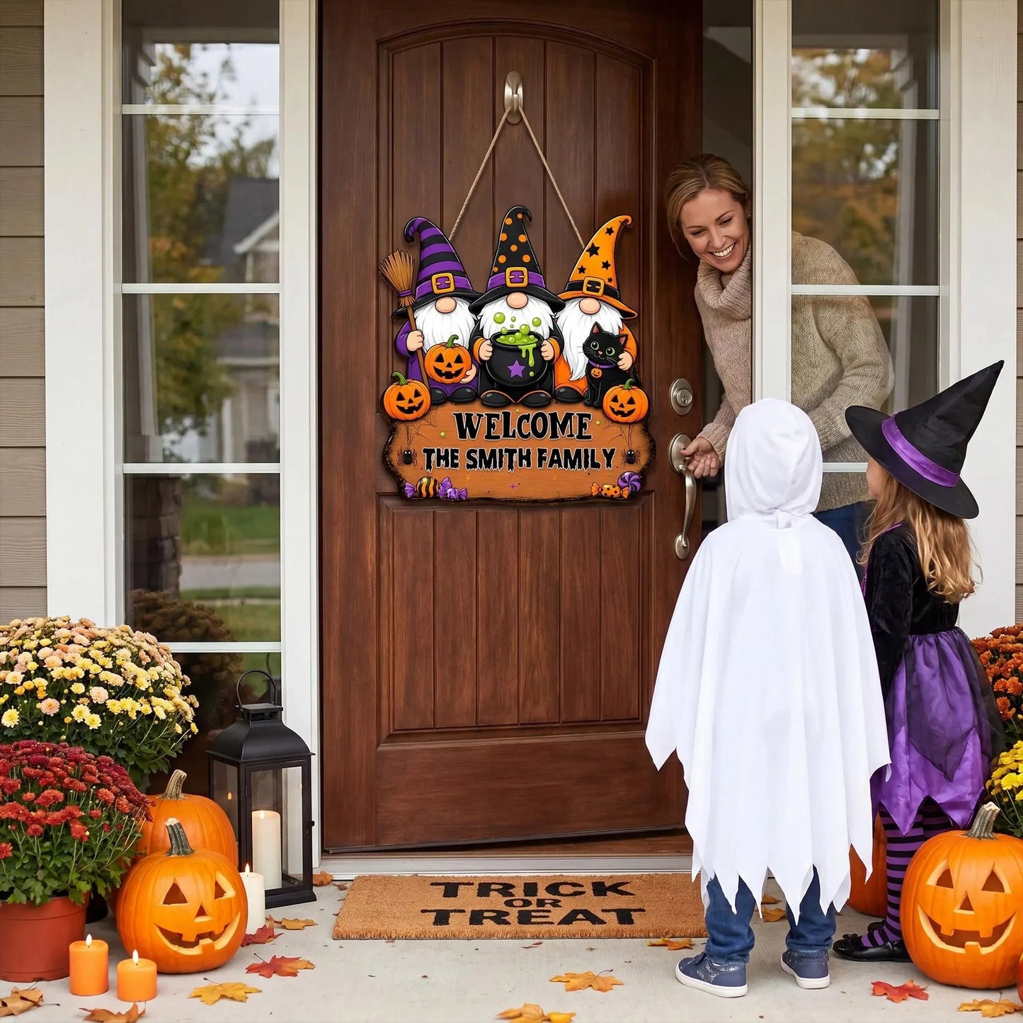 Personalized Halloween Witch Family Welcome Wooden Door Sign