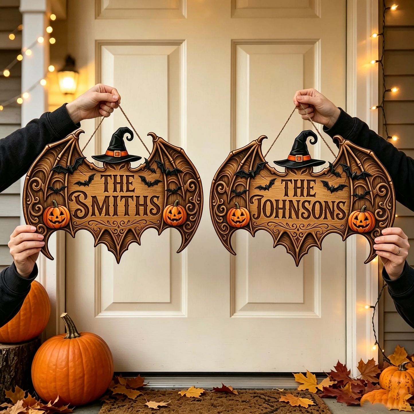 Personalized Bat Wings Halloween Family Name Wooden Sign