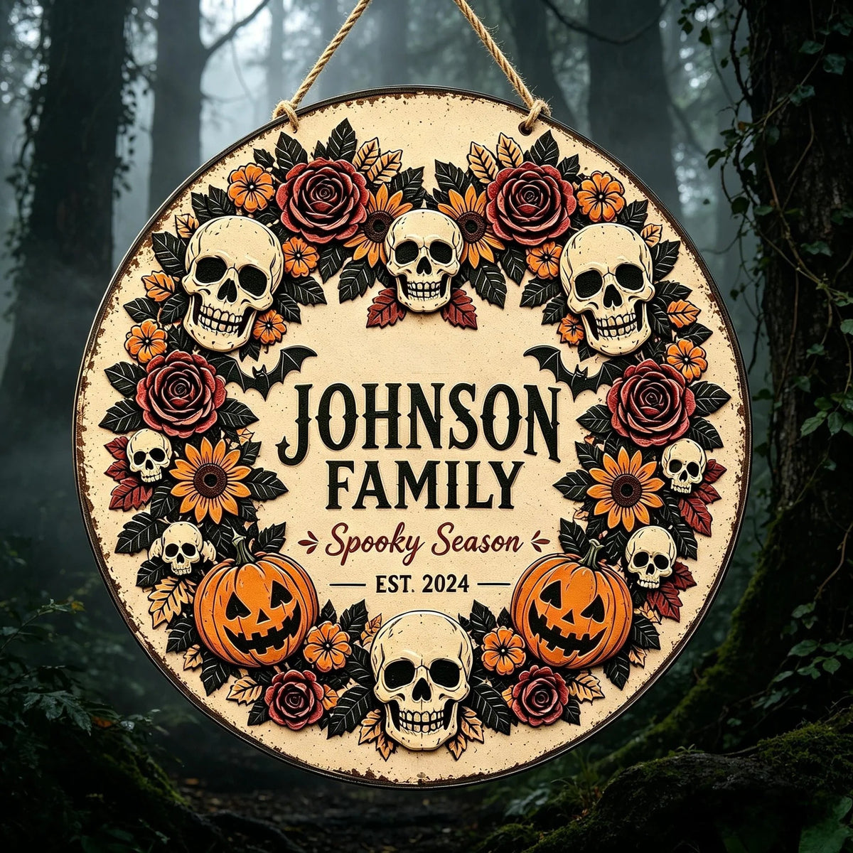 Personalized Halloween Metal Sign Skull Pumpkin Fall Wreath Sign