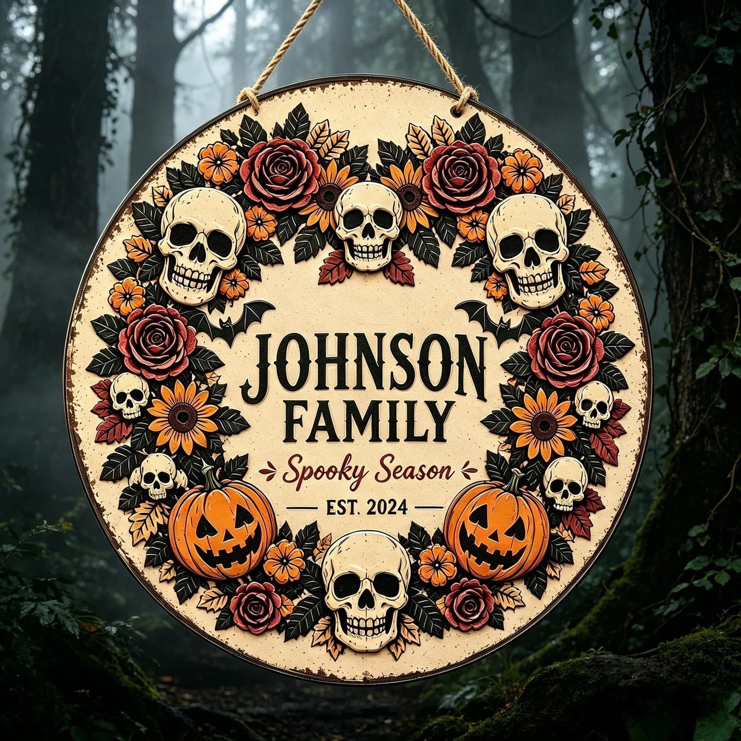 Personalized Halloween Metal Sign Skull Pumpkin Fall Wreath Sign