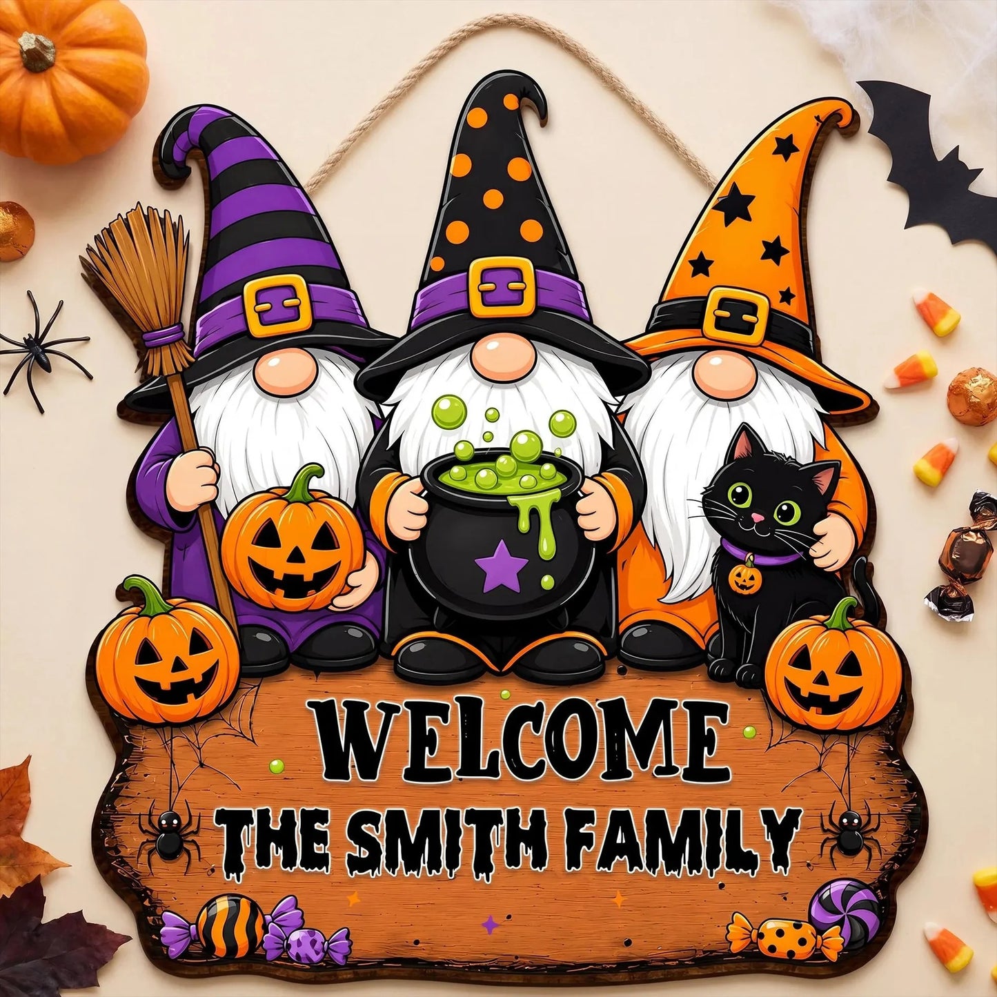 Personalized Halloween Witch Family Welcome Wooden Door Sign