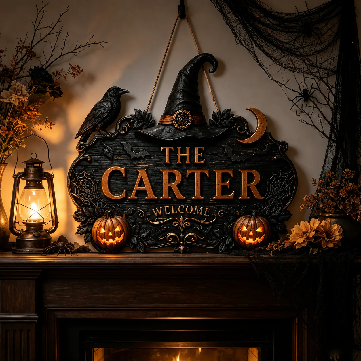 Custom Family Name Gothic Halloween Wooden Door Hanger Welcome Sign