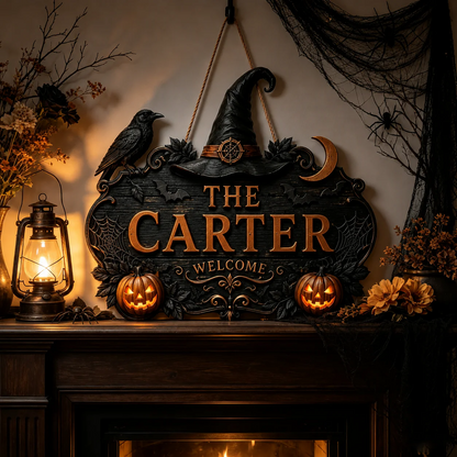 Custom Family Name Gothic Halloween Wooden Door Hanger Welcome Sign