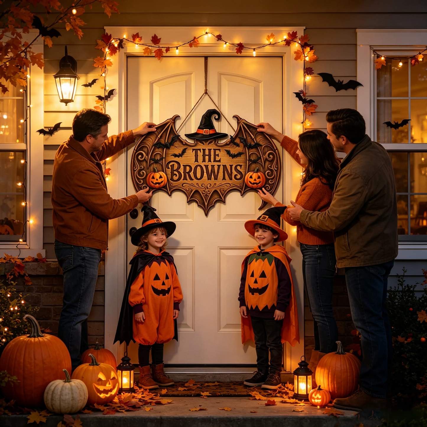Personalized Bat Wings Halloween Family Name Wooden Sign