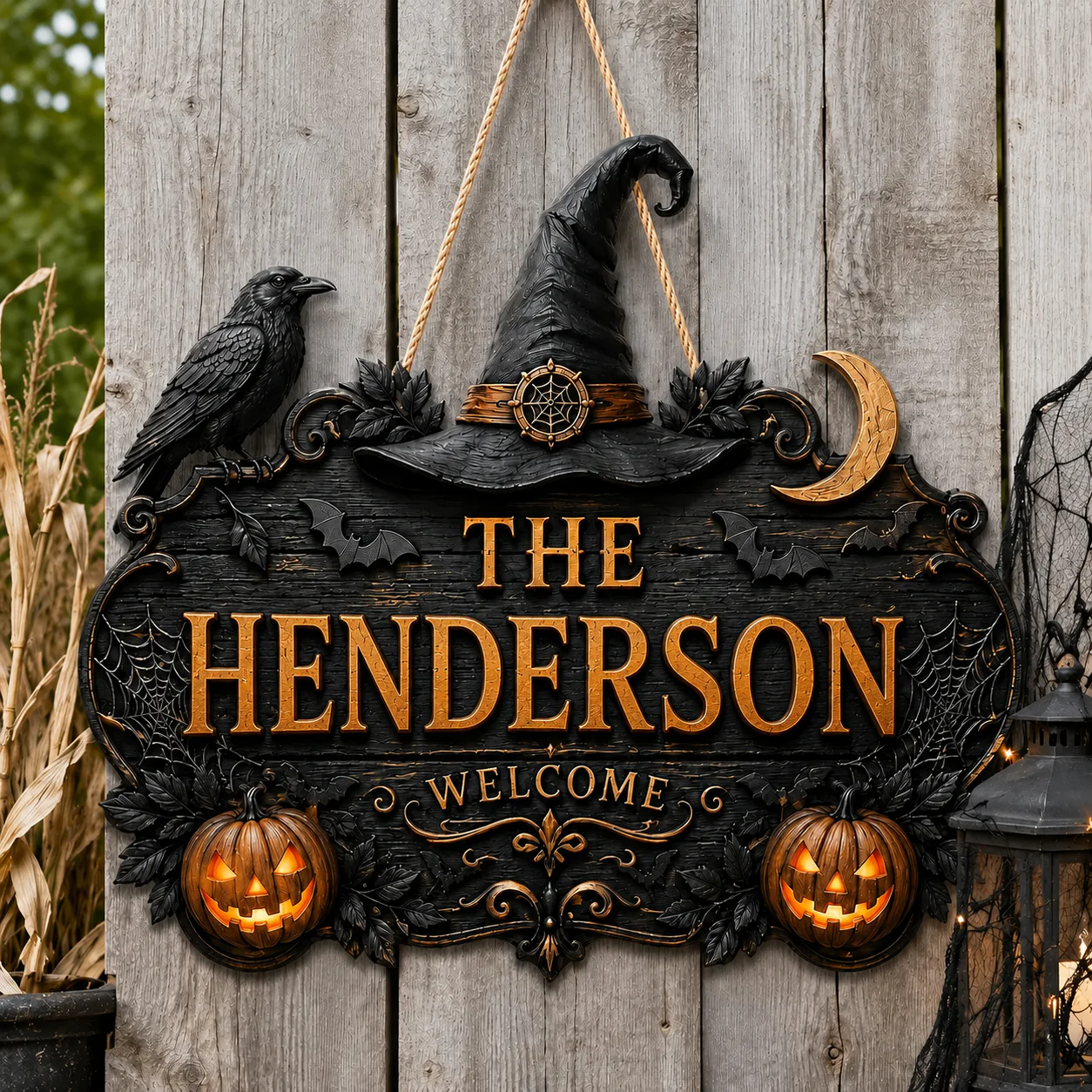 Custom Family Name Gothic Halloween Wooden Door Hanger Welcome Sign