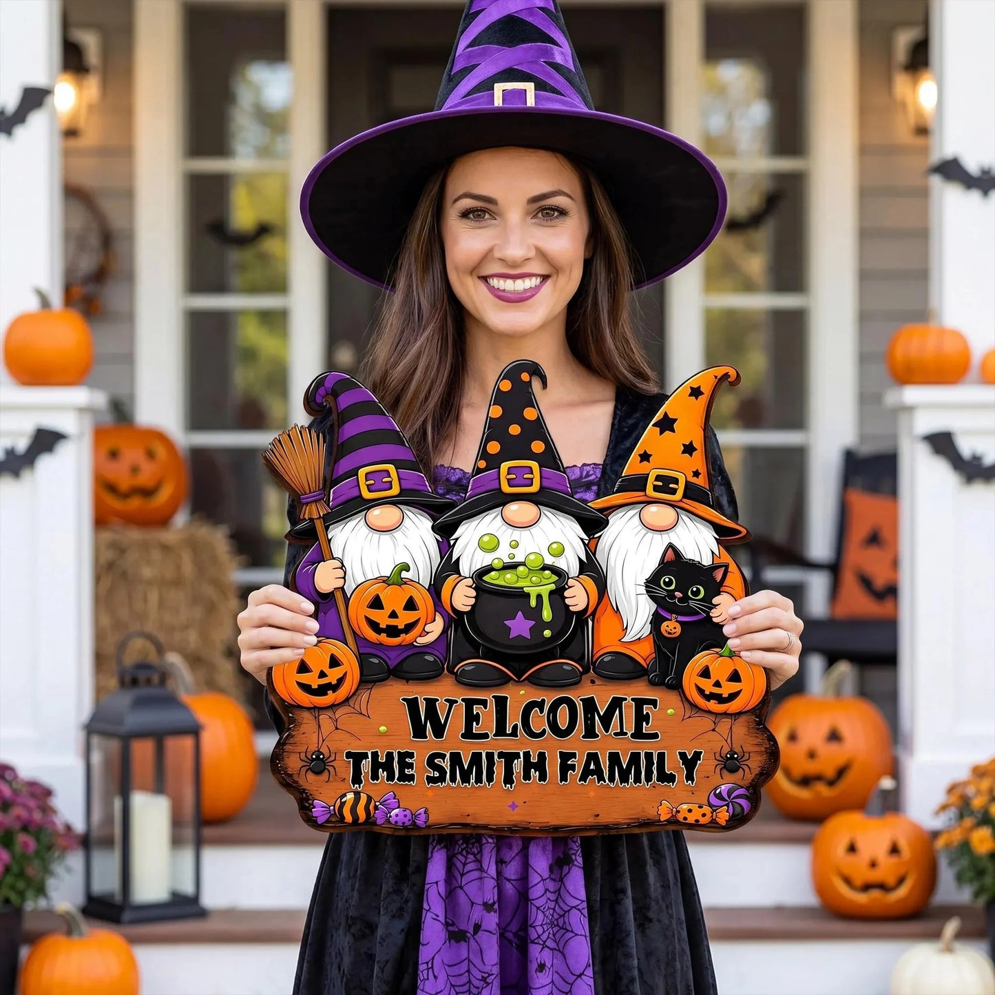 Personalized Halloween Witch Family Welcome Wooden Door Sign
