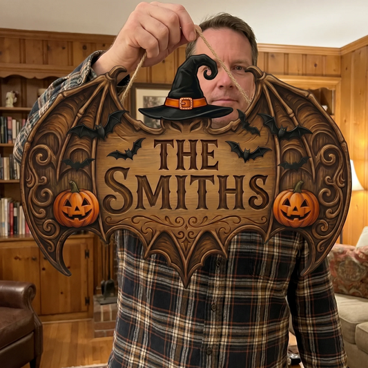 Personalized Bat Wings Halloween Family Name Wooden Sign