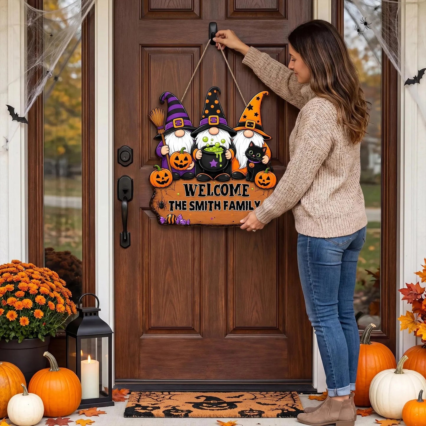 Personalized Halloween Witch Family Welcome Wooden Door Sign