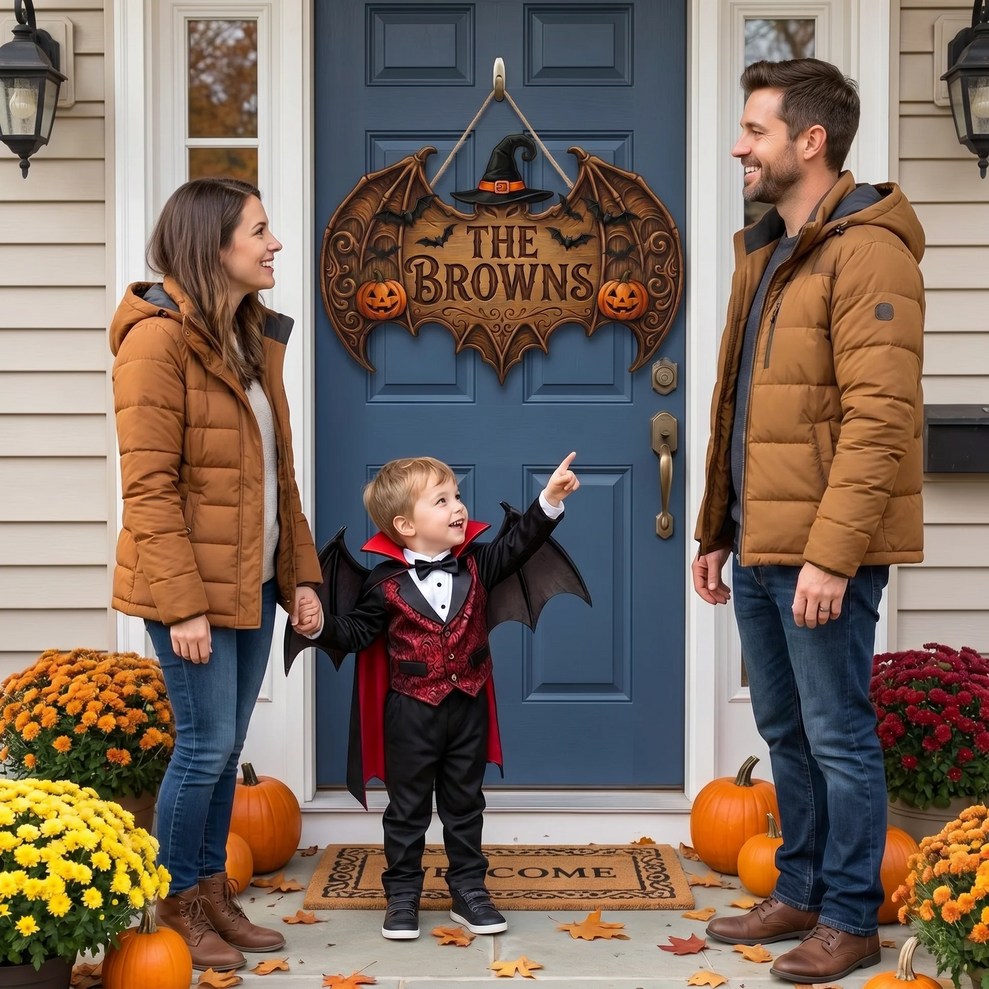 Personalized Bat Wings Halloween Family Name Wooden Sign