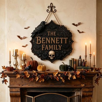 Personalized Gothic Raven Skull Halloween Family Name Wooden Sign