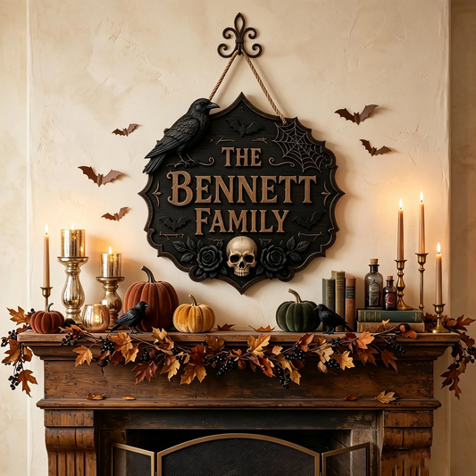 Personalized Gothic Raven Skull Halloween Family Name Wooden Sign