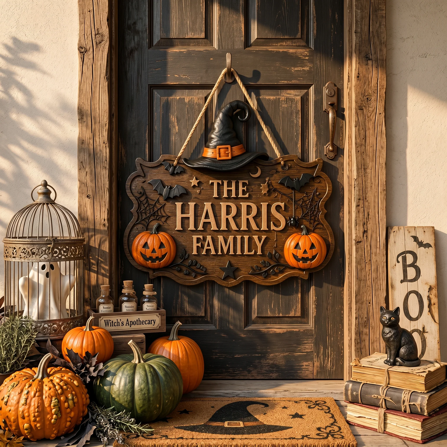 Personalized Witch Hat Pumpkin Halloween Family Name Sign