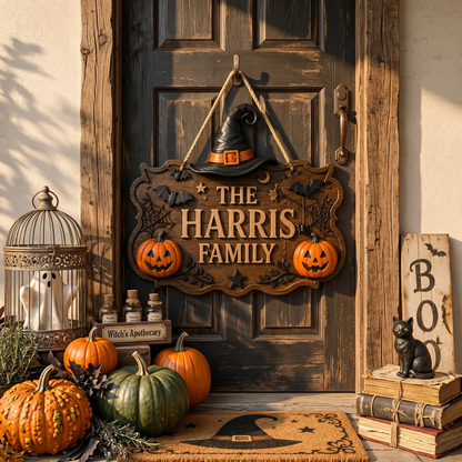 Personalized Witch Hat Pumpkin Halloween Family Name Sign
